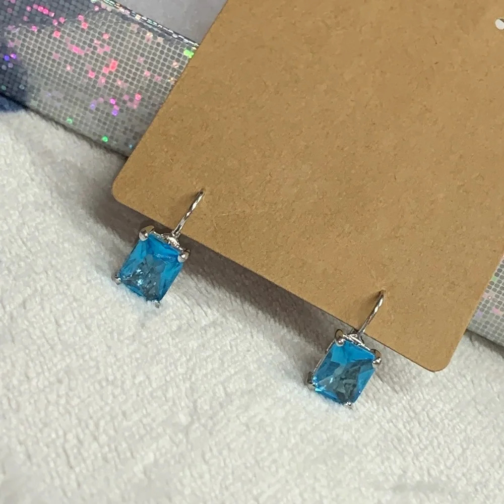 Silver Tone Blue Rectangle Gemstone Lever Back Earrings - Picture 1 of 7